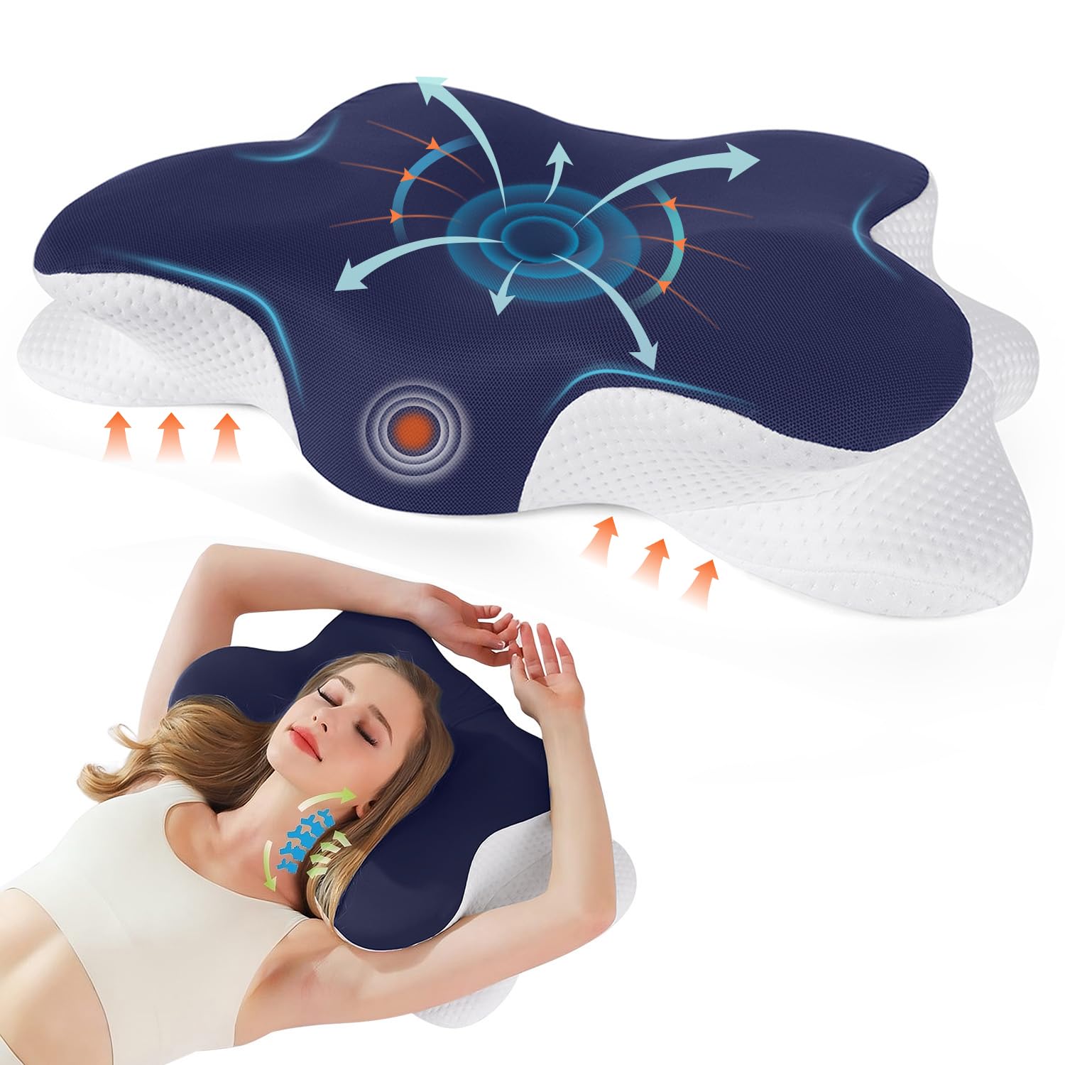 Nourideaux Ergonomisches Nackenkissen Kopfkissen Nackenschmerzen Schmetterlingskissen Bauchschläferkissen Schlafkissen Memory Foam Marineblau Seitenschläferkissen Orthopädisches Nackenstützkissen