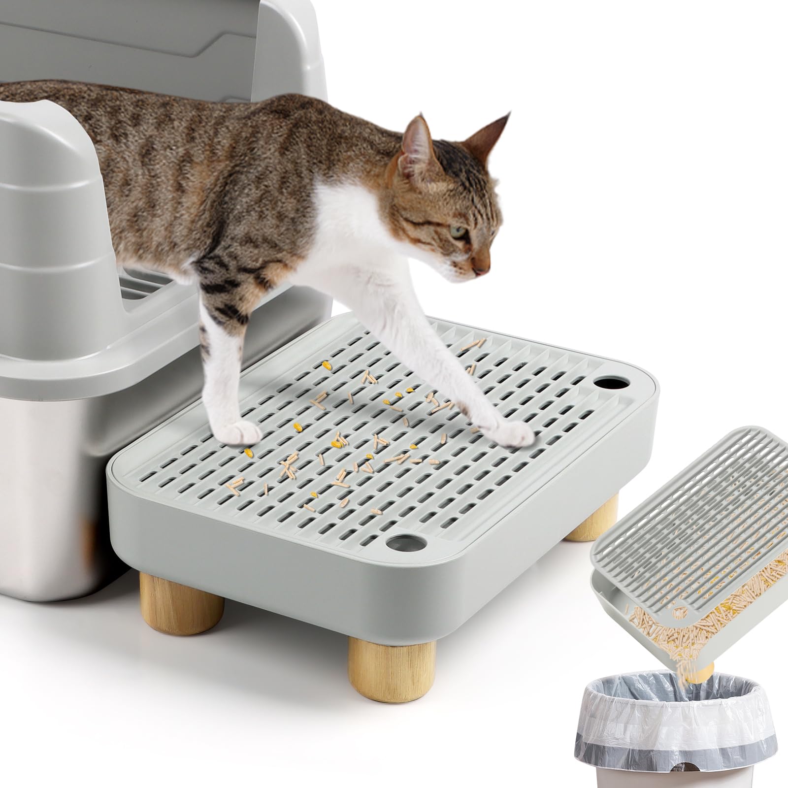 Kalolary Rampe pour Litière pour Chat, Marchepied Pédale Bois avec Fonction Filtre Toilettes Animaux Compagnie Faciles Nettoyer Marchepied Avant Piège Litière pour Chatons Chats Âgés (Gris Clair)