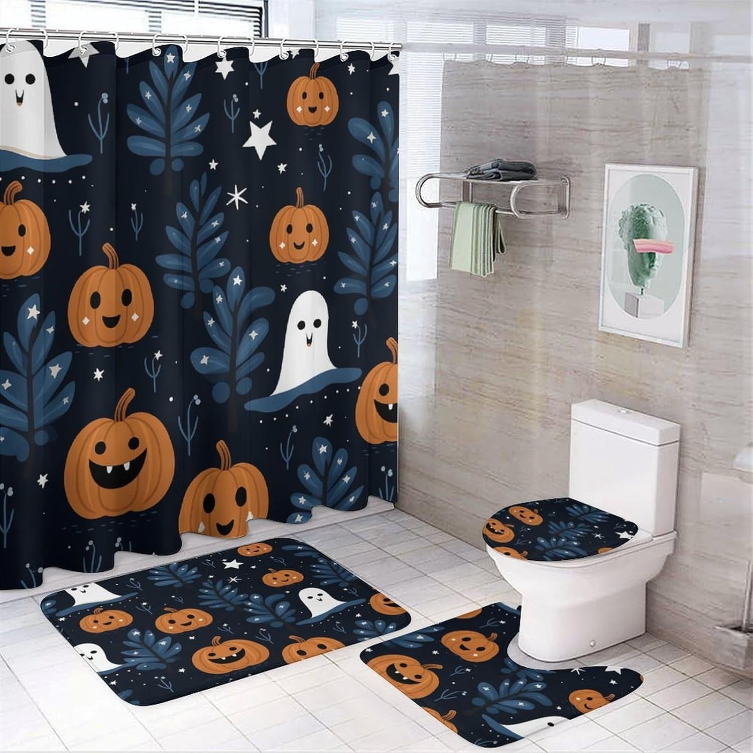 Four Piece Bathroom Set with Toilet Lid Cover and Non-Slip Rugs Minimalist Shower Curtain for Bathroom Set