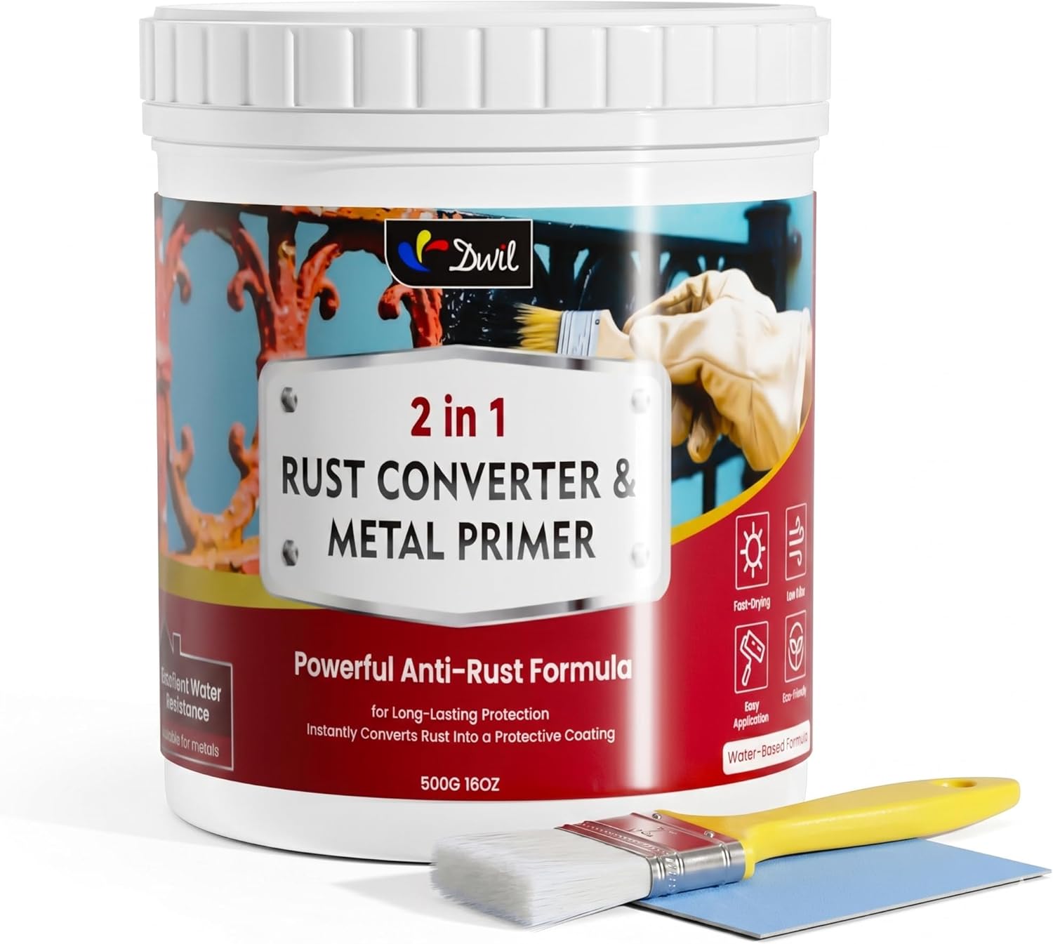 DWIL Rust Converter and Metal Primer 𝟮 𝗶𝗻 𝟭, High-Flow Water-Based Rust Reformer for Metal, Low Odor Anti-Rust Coating for Car Chassis, Truck Frame, Fence, Railing, Tools and Equipment, 16 oz