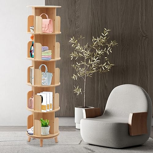 Miniatura 1 de RENVIERY Estantería giratoria de 360, estantería de 5 niveles, estantería de madera de pie, estante de almacenamiento, organizador de almacenamiento