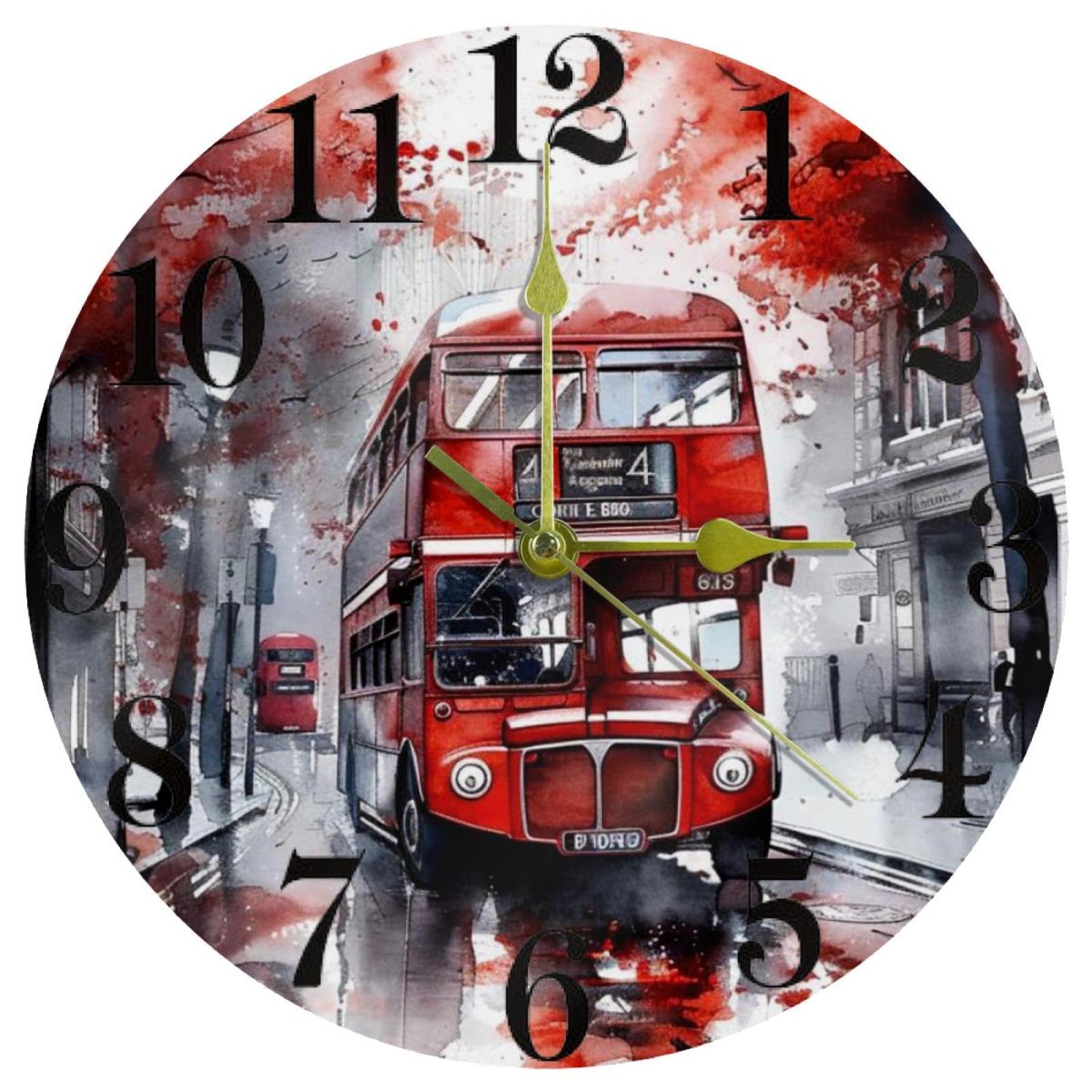 Horloge murale bus rouge double étage silencieuse ronde à piles pour décoration intérieure