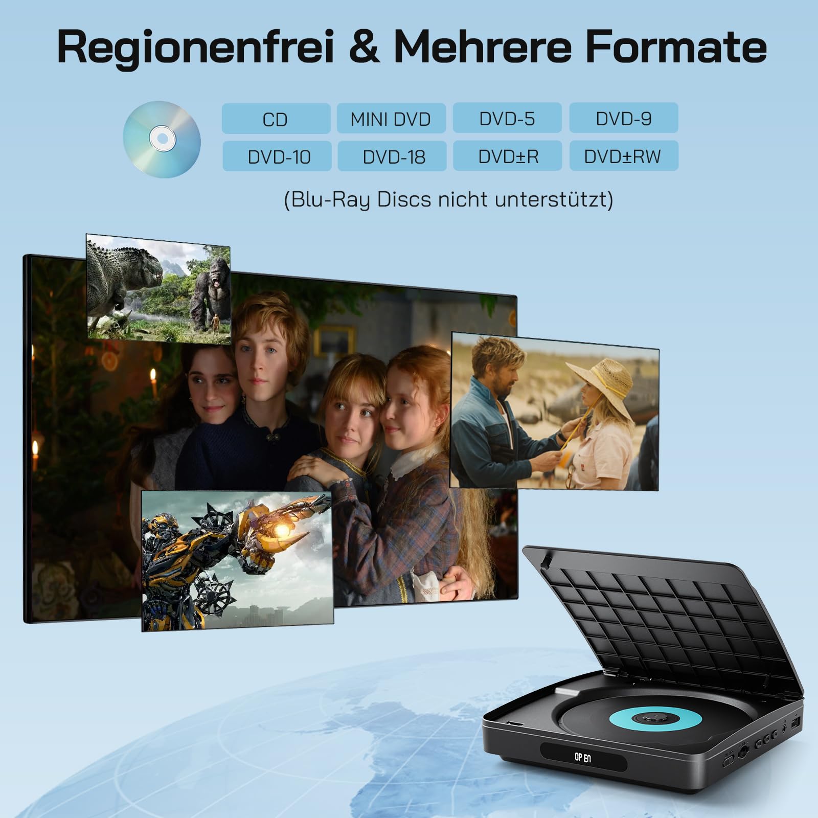 WOLFANG DVD-Player für Fernseher mit HDMI, Full HD Multi Region, Fernbedienung und Typ-C-Kabel, CD-Player für Heim-Stereoanlage, USB-Anschluss (Nicht Blu-ray)