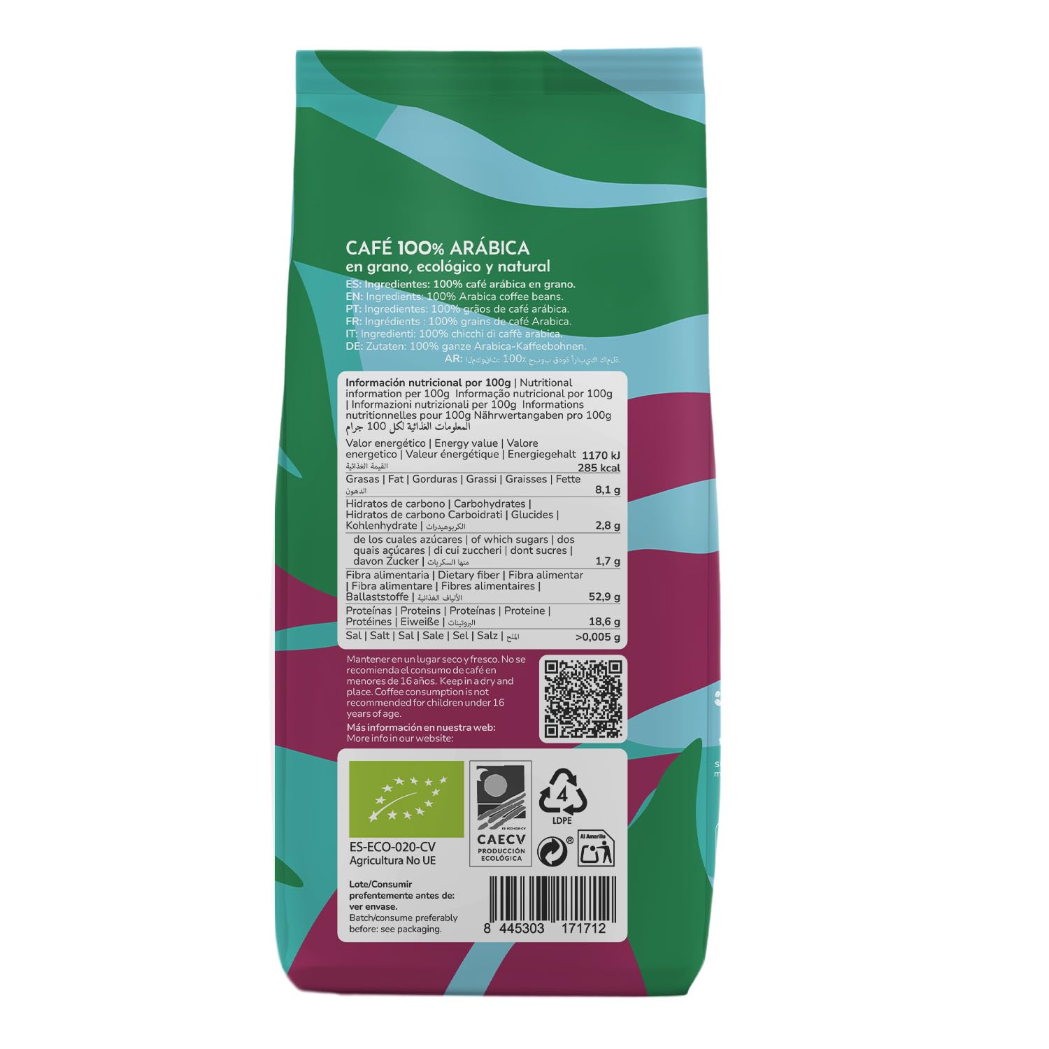 Café Grano Ecológico 100% Arábica 1 kg Pack 3x bio premium sabor suave y afrutado
