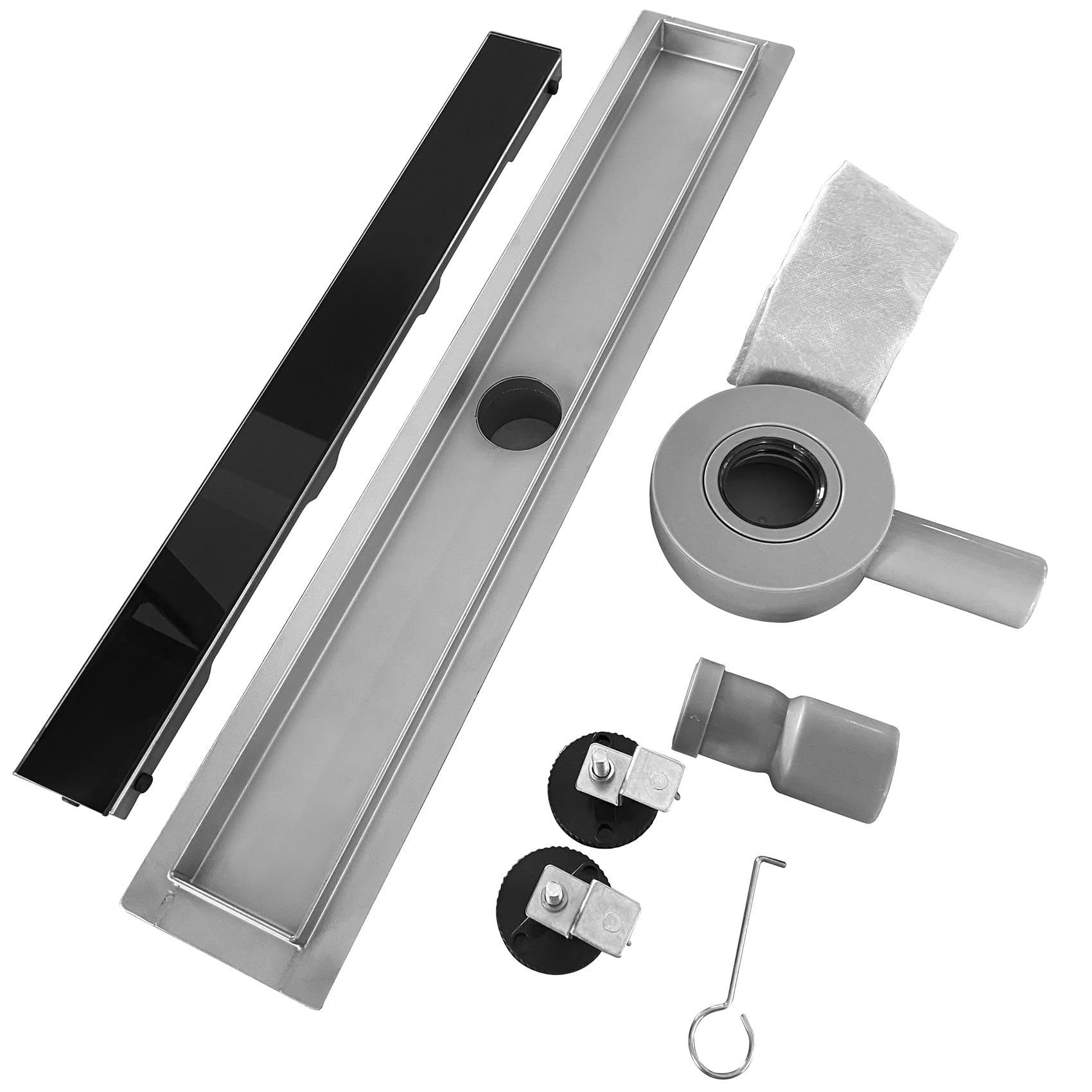 DUKA Caniveau de douche L.80 cm verre noir inox avec siphon 360°, drainage performant