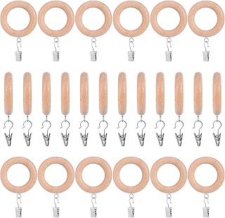24 Pack Wooden Curtain Rod Rings with Drapery Clips Farmhouse Beech Wood...