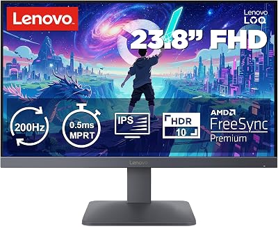 Lenovo LOQ 24-10 – Monitor Gaming FHD 23.8″ (IPS, Tasa de Refresco 200 Hz, 0.5 ms MPRT, 16:9, HDMI 2.1 + DP 1.4, AMD FreeSync Premium, VESA Adaptive Sync, Soporte Inclinable) – Gris Luna