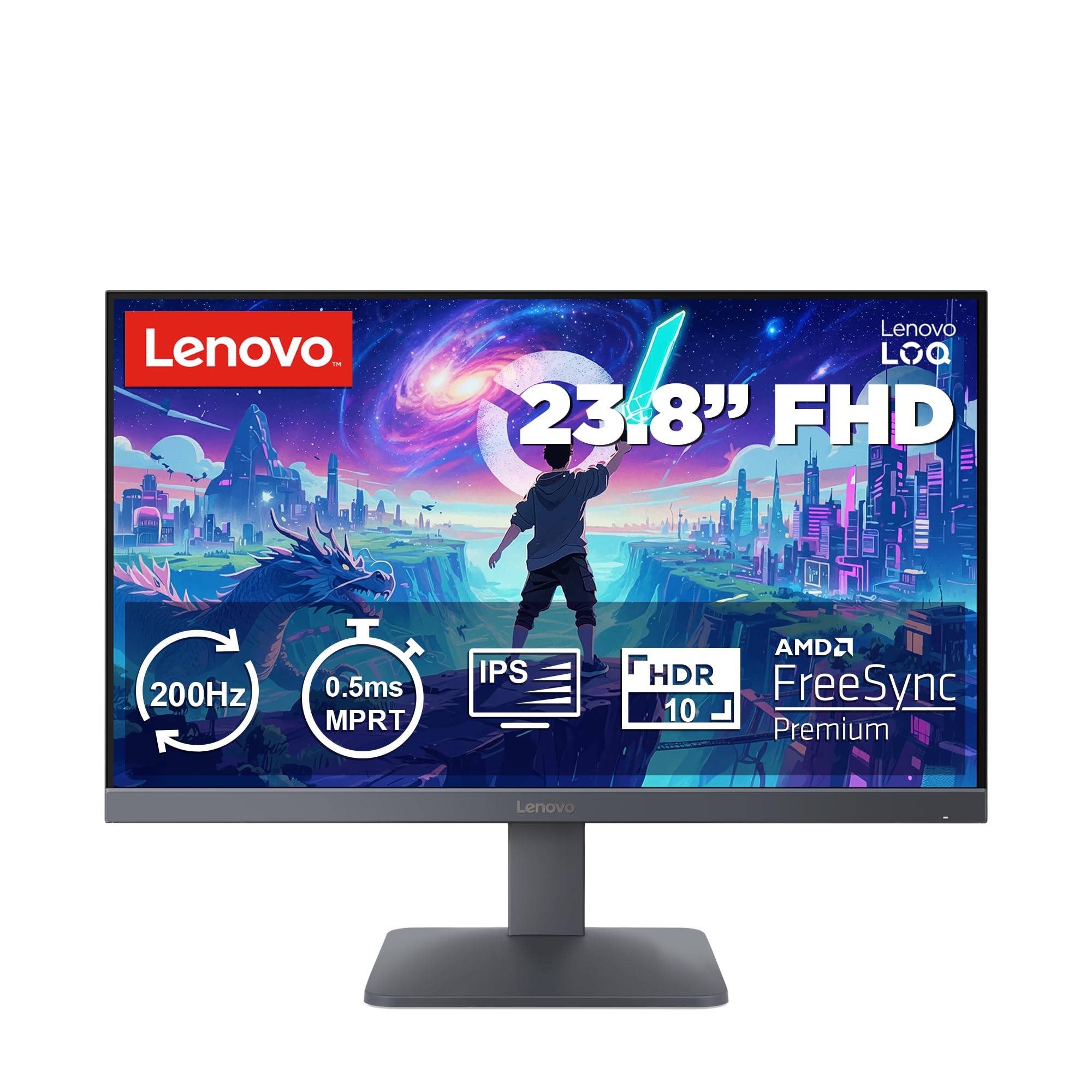 Lenovo LOQ 24-10 - 23.8" FHD Gaming Monitor (IPS, 200Hz Refresh Rate, 0.5ms MPRT, 16:9, HDMI 2.1 + DP 1.4, AMD FreeSync Premium, VESA Adaptive Sync, Tilt Stand) - Moon Grey