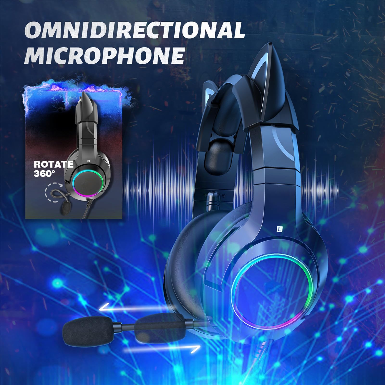 Gaming-Headset mit Mikrofon, abnehmbare Katzenohr-Kopfhörer, Katzenohr-Design mit RGB-Beleuchtung, Verstellbarer Kopfbügel-Kopfhörer 7.1 Surround Sound, leichte Over-Ear-Kopfhörer (Schwarzer