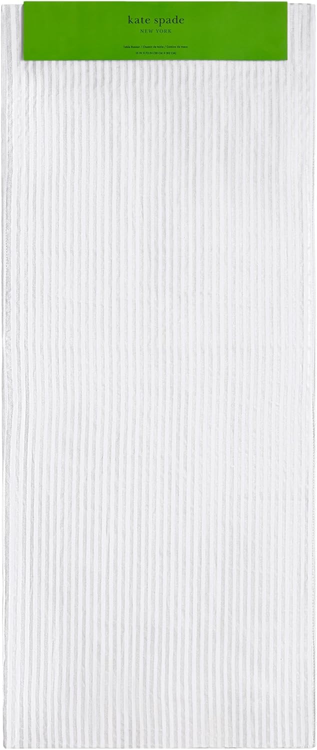 kate spade new york Hand Painted Shirting Stripe Reversible Table Runner, 100% Cotton with Metallic Print, Silver/White, 15"x72"