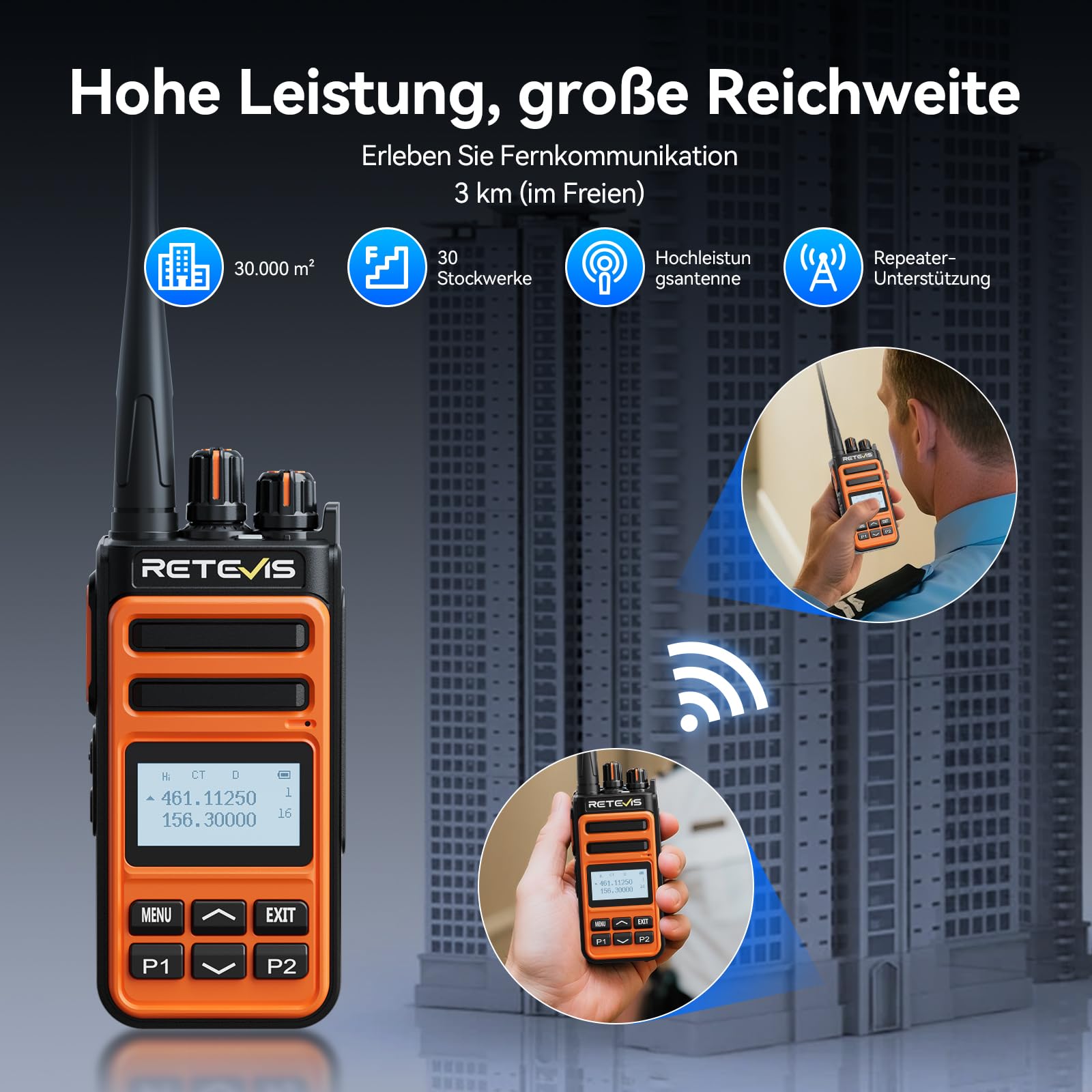 Retevis C66B Funkgeräte Set Lange Reichweite, Walkie Talkie mit Headset | Fast Charging Walkie Talkies, Noice Reduction, Emergency Alarm, Professional Funkgeräte für Restaurants, Hotels(Orange, 4Pcs)