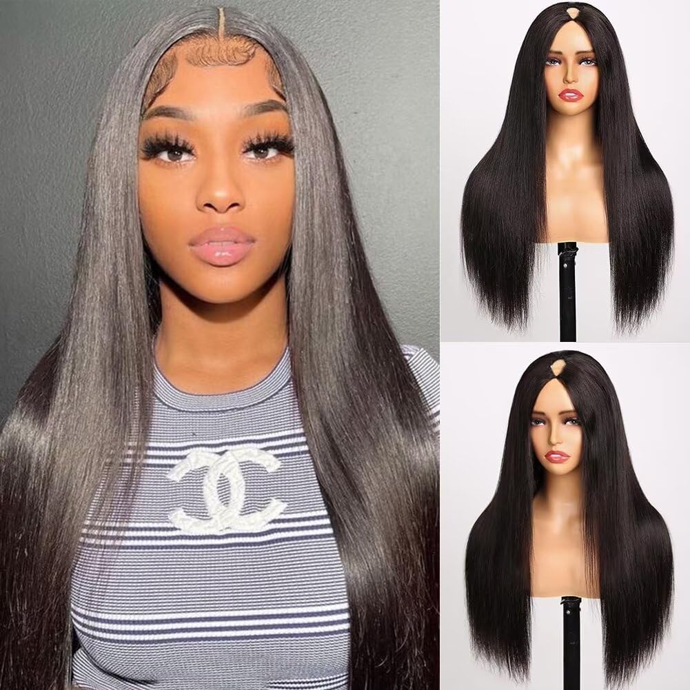 V Part Wig Human Hair 16 Inch Straight Human Hair Wigs Upgrade U Part Human Hair Wig for Women No Leave Out No Sew In Natural Color