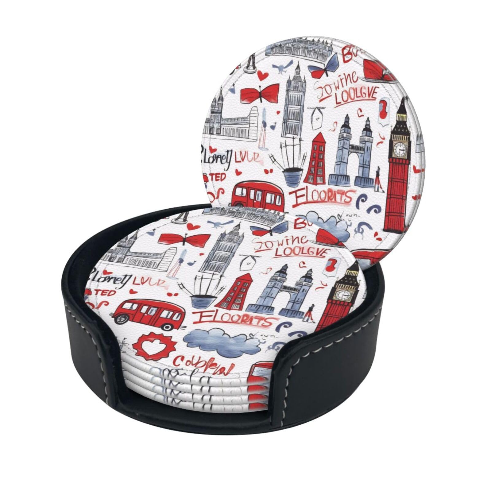 Stylish Coasters - London Set of 6 Round Leather Drink Coasters with Holder - Perfect Size for Cups and Glasses