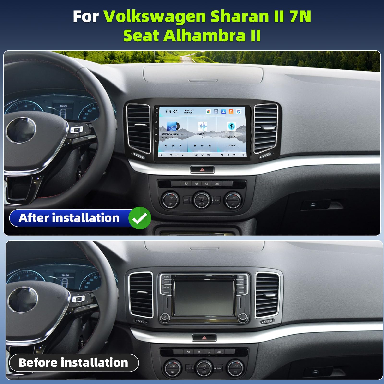 8 Core Qualcomm Android 15 4+64G Autoradio per Volkswagen SharanSeat Alhambra 2012-2015, 9" Schermo con CarPlay Android Auto GPS WiFi FM/RDS DSP 3D Auto Modello Showcase+Telecamera Retromarcia Auto