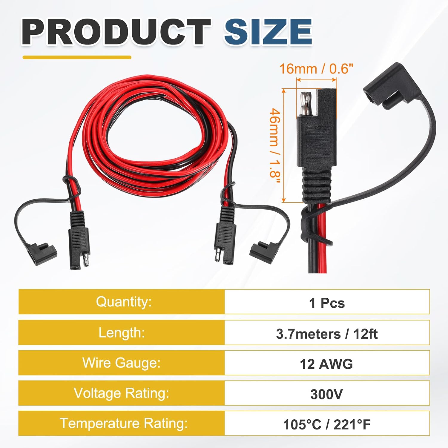 MECCANIXITY SAE Extension Cable, 12FT 12 AWG Quick Disconnect SAE Connector Cable Wire Cord Harness with Dust Cap for Motorcycle Automotive Power Solar Panel Cars Boats
