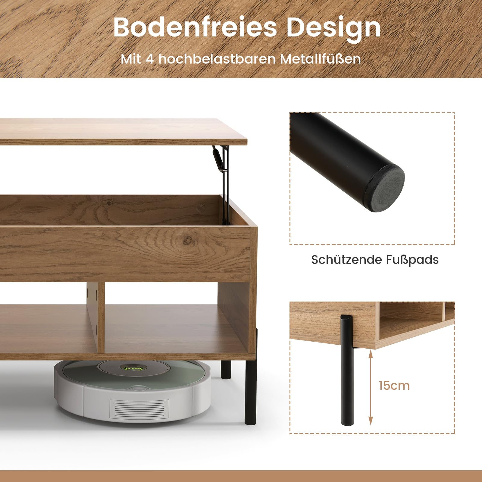 COSTWAY Couchtisch Höhenverstellbar, Beistelltisch mit anhebbarer Tischplatte & 3 offenen Fächern, Wohnzimmertisch aus Holz mit großem verstecktem Fach, Kaffeetisch für Wohnzimmer, Büro (Natur)