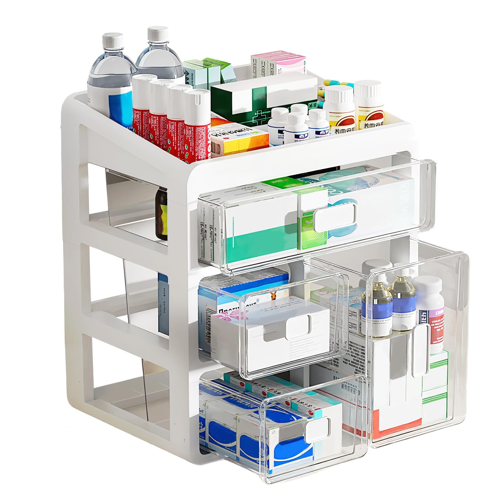 Scatola Medicinali 4 Livelli Organizer per Casa e Ufficio | ABS Trasparente, Per Casa e Dormitorio, Divisori Regolabili