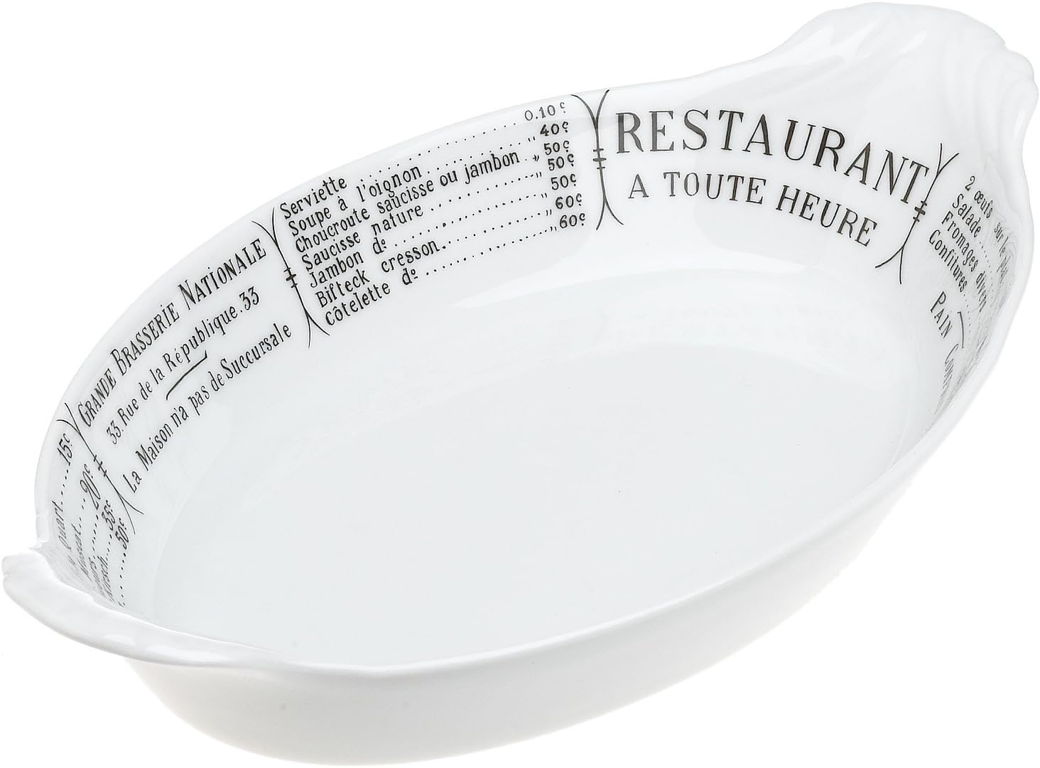 Pillivuyt Oval Eared Gratin Brasserie Baker,10 x 6.25 inch, White/Menu Print