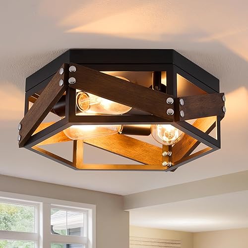 Miniatura 10 de Paquete de 2 lámparas de techo de montaje empotrado de granja, lámparas rústicas para pasillo, accesorios de iluminación negros vintage con jaula de