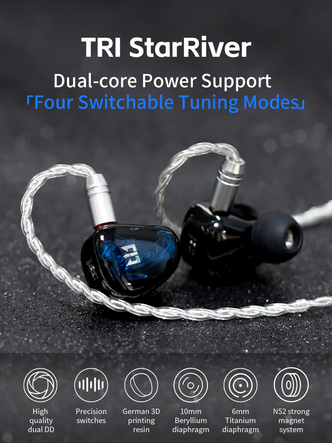 Yinyoo TRI Star River in-Ear Monitor Headphones, Musician Singers Wired Earbuds, 10mm High-Performance Beryllium DD Audiophile Earphones HiFi IEM z 4 trybami strojenia (Blue, 4.4mm plug)