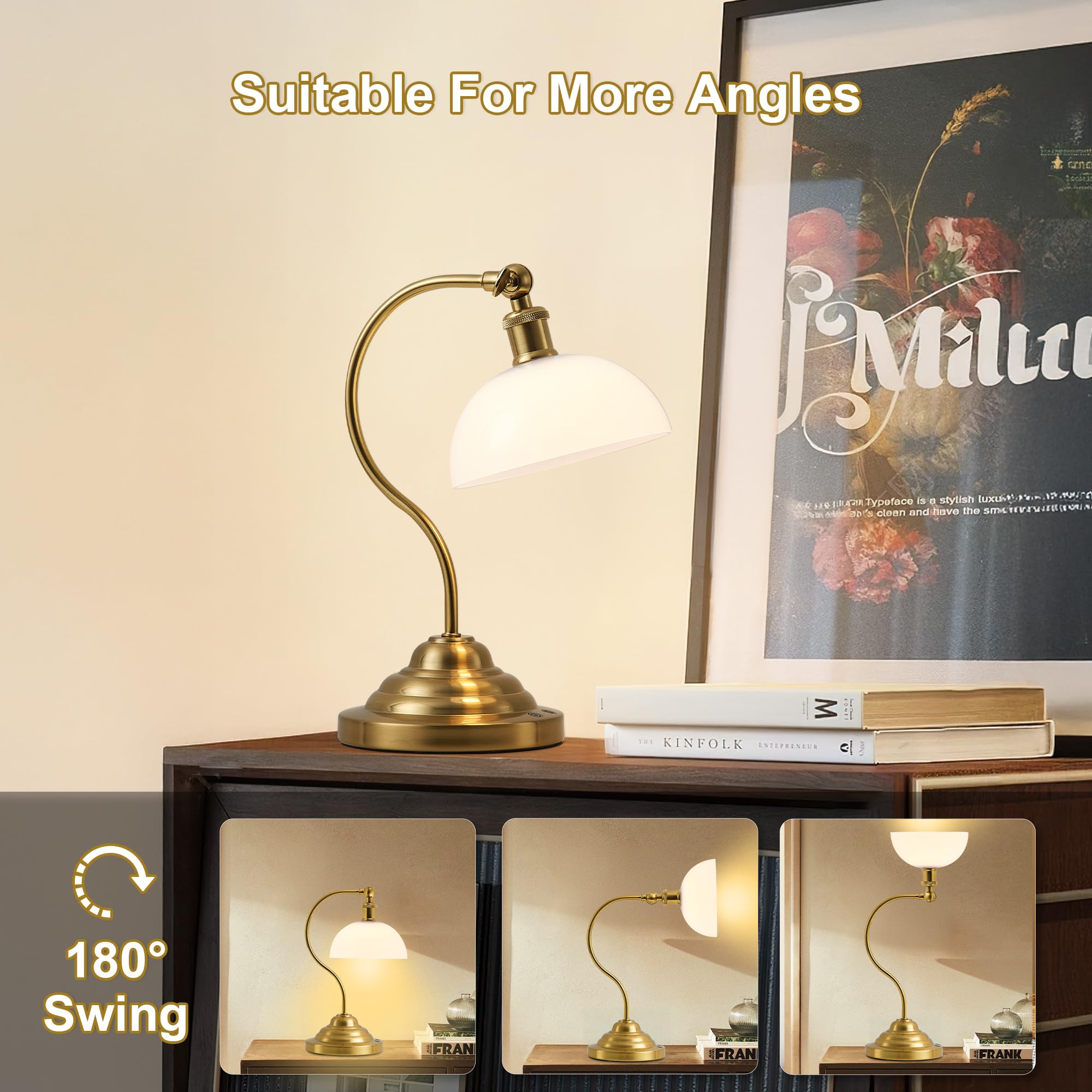 KARTOOSH Cordless LED Table Lamp, 180° Swing Arm Desk Lamp, Battery Operated,Dimmable/3 Color, Vintage Rechargeable Table Light for Living Room,Bedroom,Bedside, White Shade, Brass