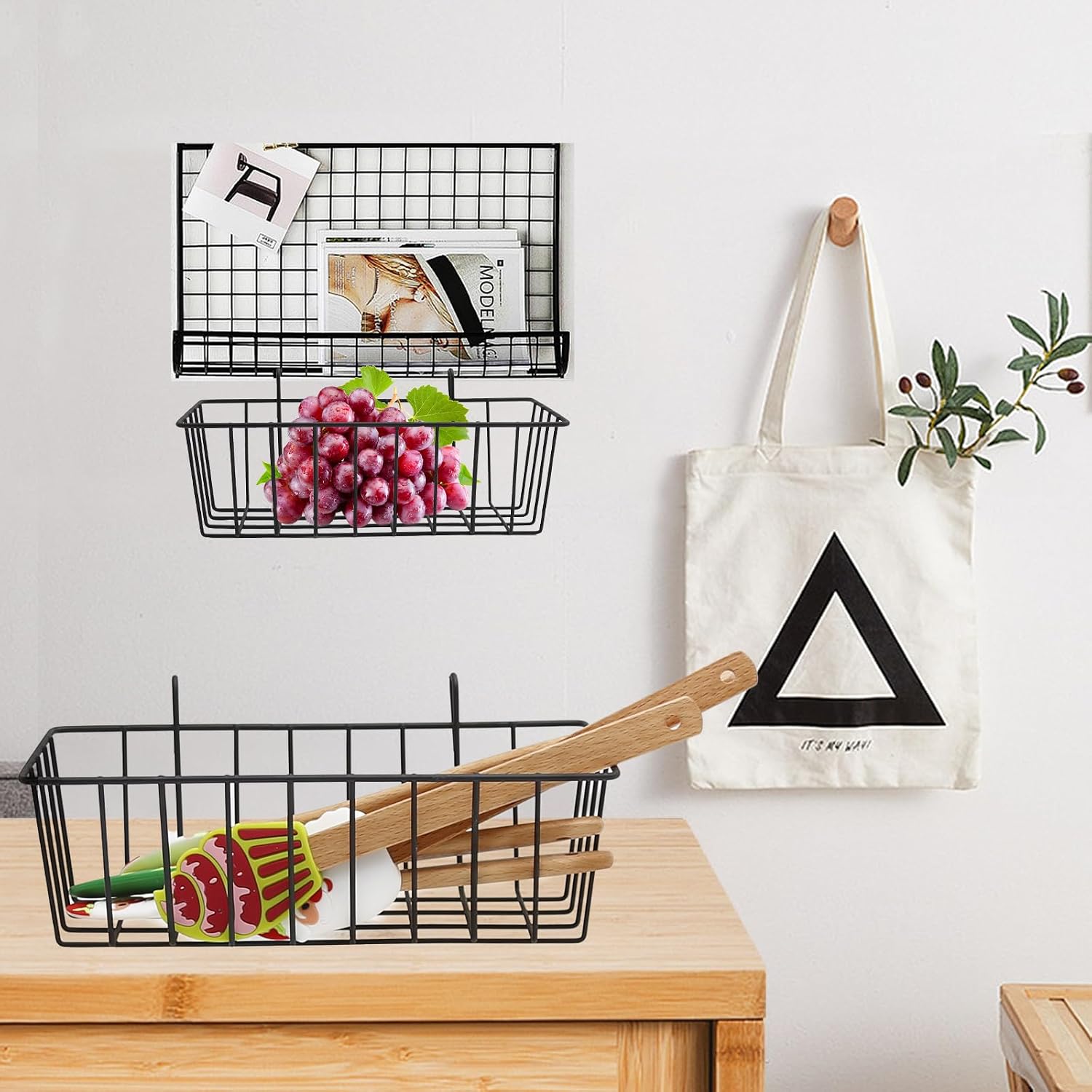 4 Pcs Gridwall Accessories 9"" x4 x3 Hanging Basket Wall Mounted Grid Plate Wire Basket for Kitchen Grid Plate Wall Mounted Storage Basket Black Metal Hanging Basket Organizer