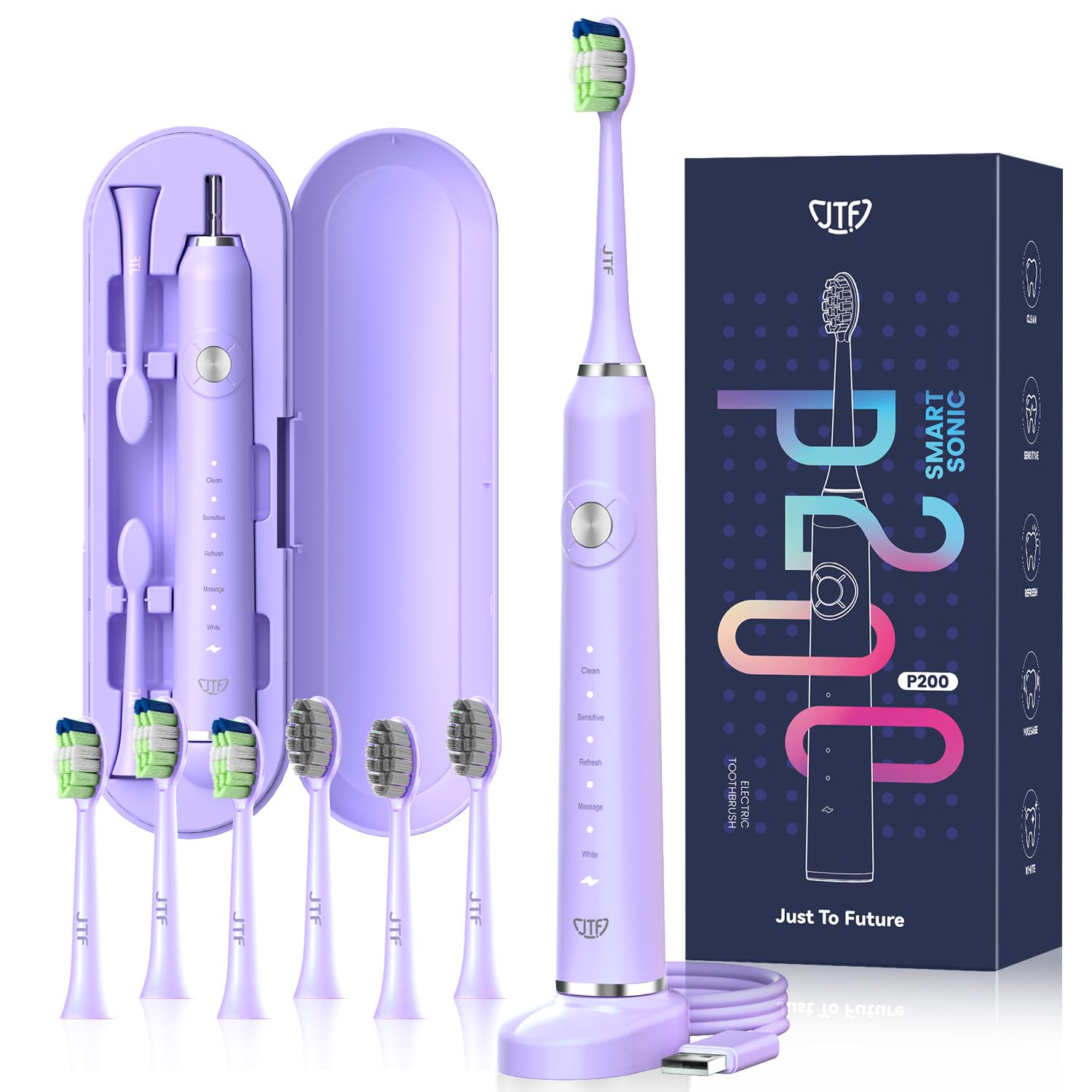 JTF Cepillo de Dientes Electricos Sónico Adultos, 6 Cabezales y IPX7, 40000 VPM y 5 Modos, Sensor de Presión y Temporizador de Cepillado Ultrasónicos para Mujer Hombres Electric Toothbrush con Estuche