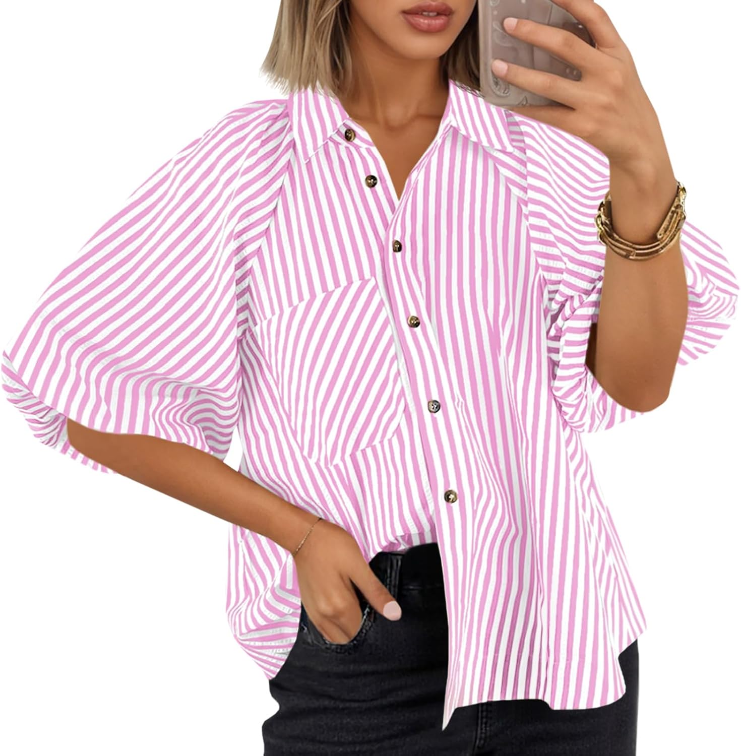 Tankaneo Womens Short Puff Sleeve Button Down Shirts Striped Trendy Casual Loose Fit Blouse V Neck Collared Tops