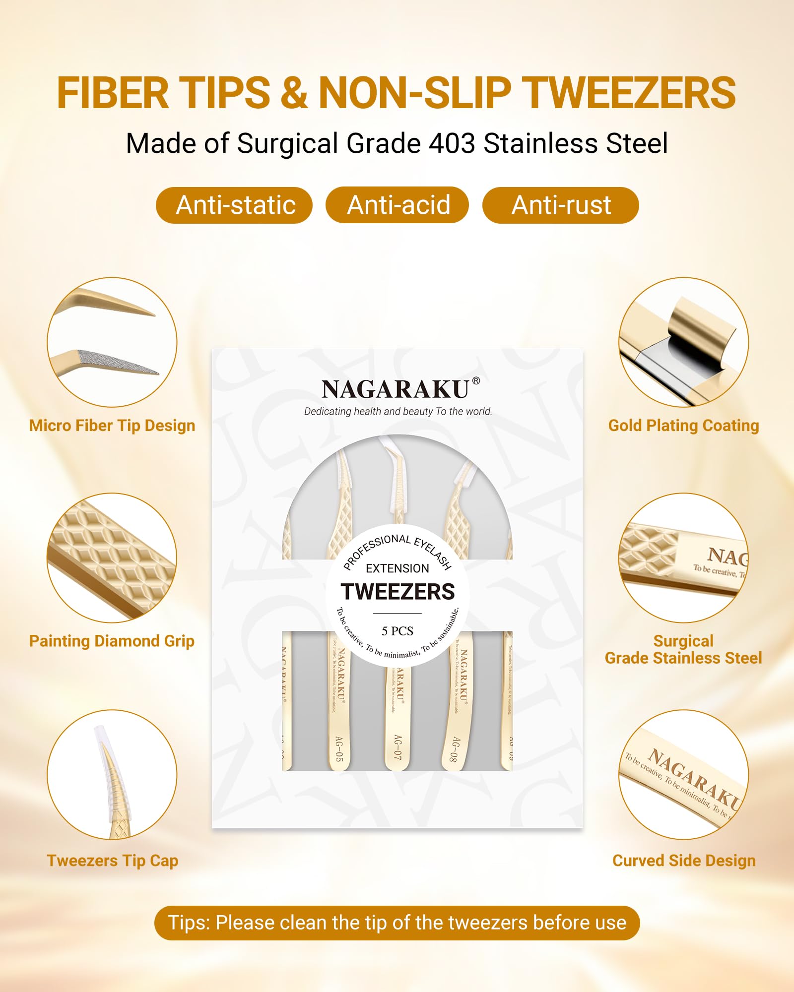 NAGARAKU Pinzas de Fibra Pestañas Juego de 5 Profesionales Sin Brecha Rectas Curvas Y Con Volumen De Acero Inoxidable Dorado Cierre Preciso Ligeras Con Tapas Protectoras Fiber Tweezers Set En La Punta