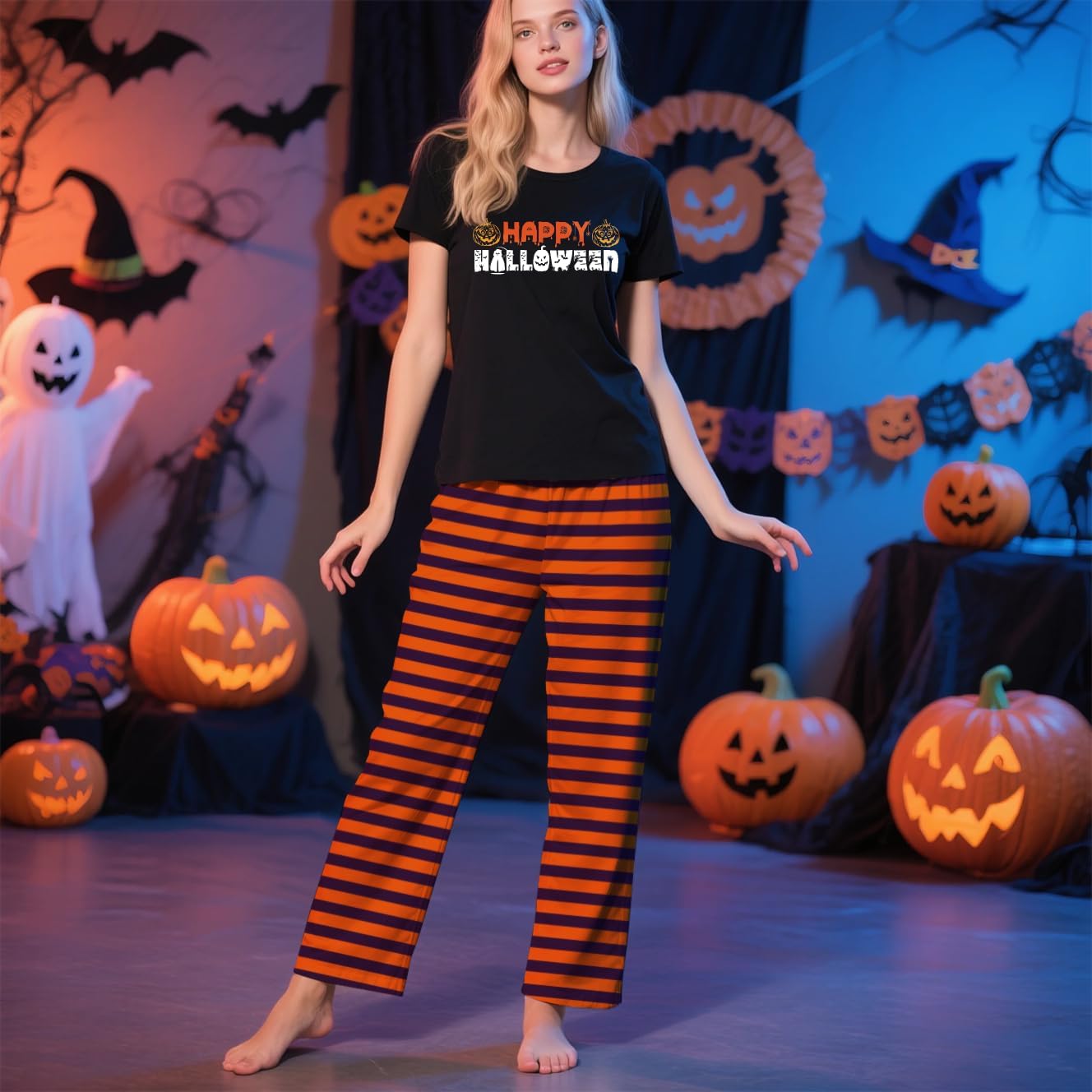TEERAPHIQUE 2Pcs Halloween Pajamas for Family,Holiday PJS Matching Sets,Jammies for Couples,T-Shirt and Pants (Pet)