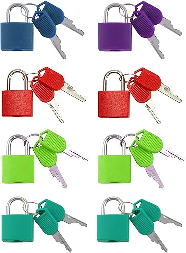 Vista 17 de Pequeño candado de latón macizo cubierto de ABS duradero con llave individual - Juego de 8 candados (multicolor, 8 unidades)