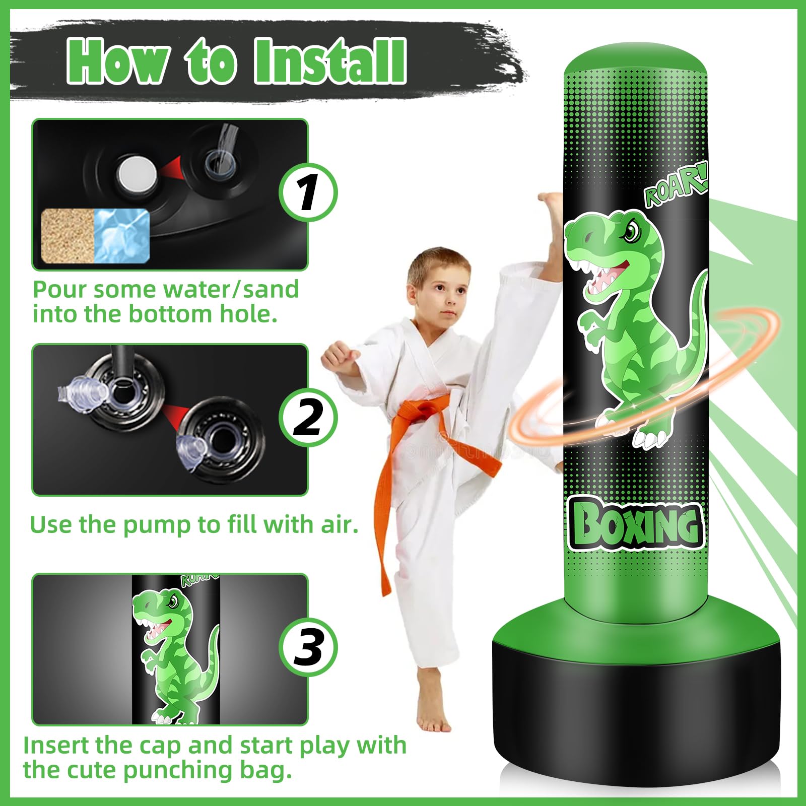 NZQXJXZ Sacco da Boxe Bambini- 165cm Gonfiabile con Guantoni da Sacco Boxe per la Pratica di MMA Karate Taekwondo e per Alleviare l'energia di Pent Up Pugilato Età 4-14 anni