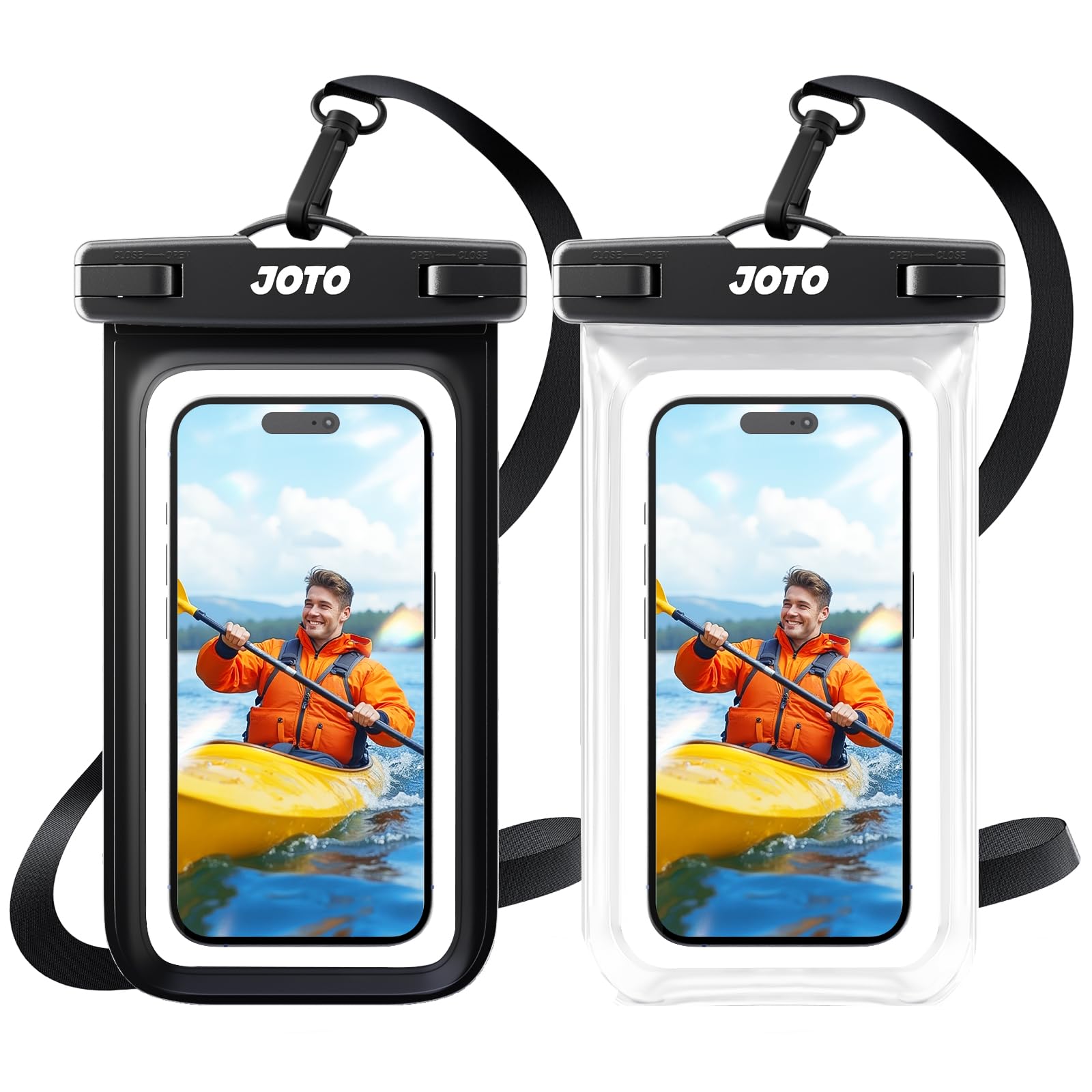 JOTO Waterproof Phone Pouch IPX8 Universal Waterproof Case Dry Bag Phone Protector for iPhone 17 16 15 14 13 12 11 Pro Max Air Plus XS XR X 8 Galaxy S23 S22 S21 S20 Pixel Up to 7" -2 Pack, Black/Clear
