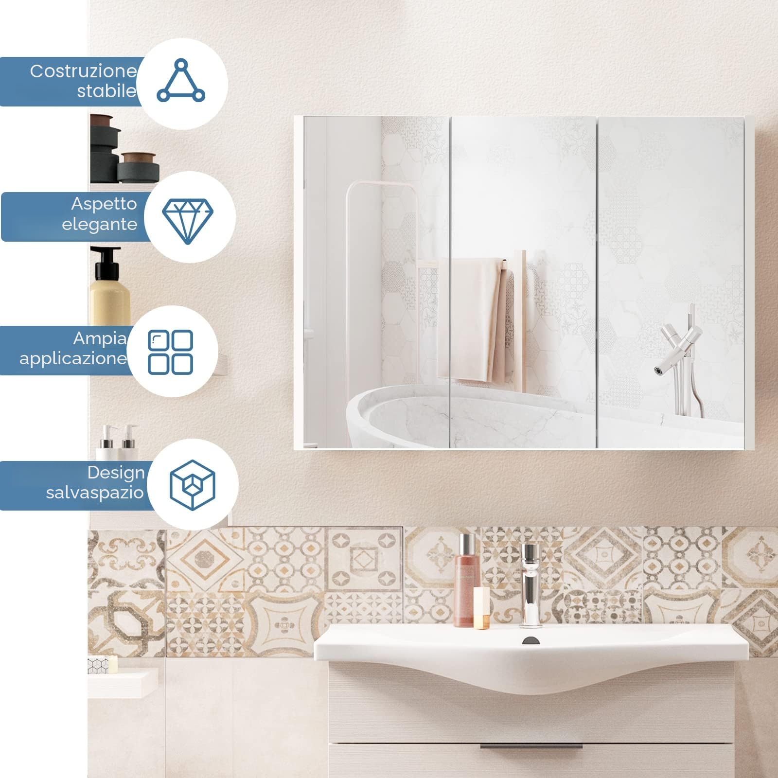 LIFEZEAL Mobiletto Bagno Salvaspazio con Contenitore, Specchio HD, Pensile Bagno Sospeso Bianco, Specchiera da Muro a 3 Ante, Armadietto, Mobile con 3 Ripiani, Moderno, in Legno (90x11x65 cm)