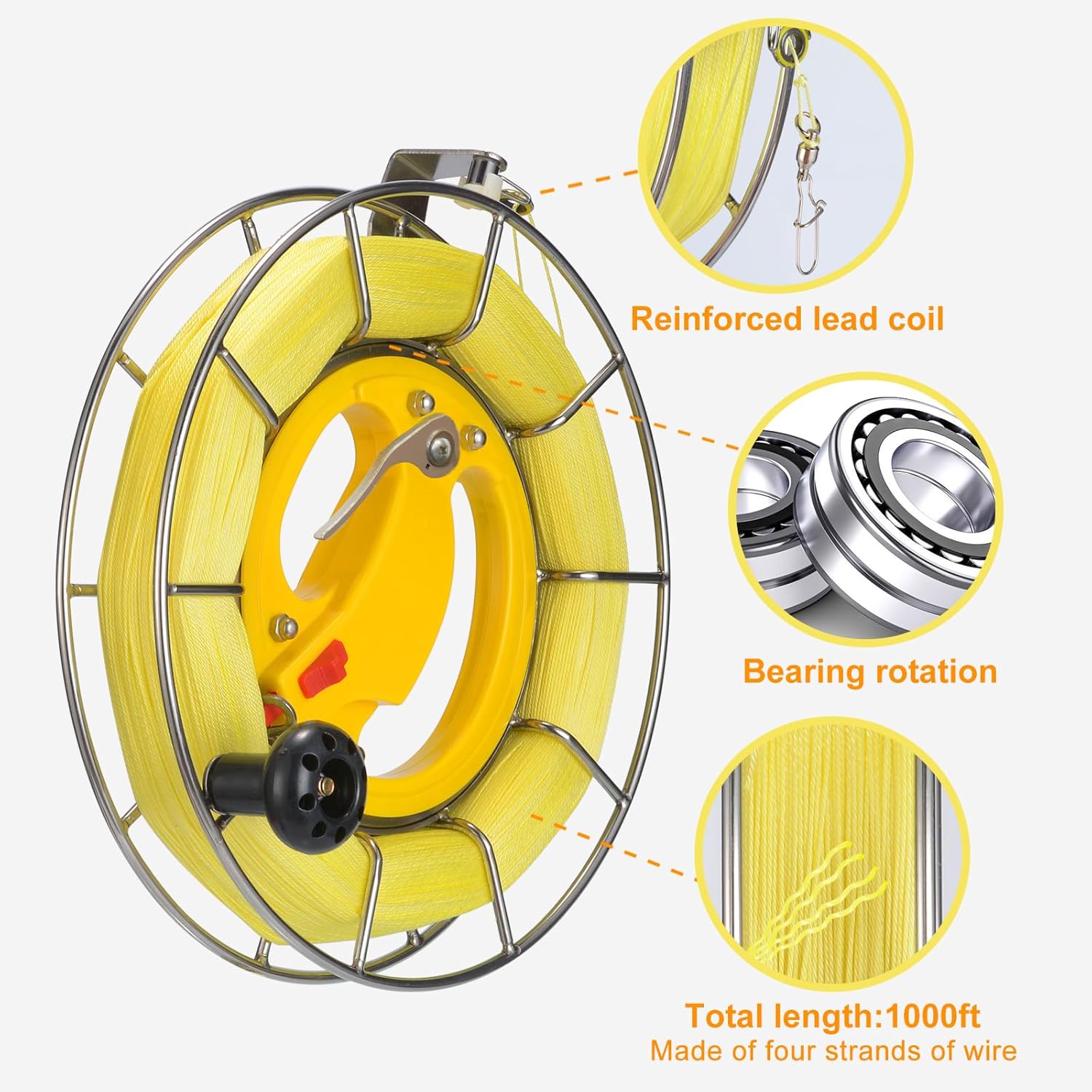 Stainless Steel Kite Reel with Brake Buttons and 8.7inches Dia with 1300ft Kite String - Safe and Smooth Flying Experience, High-Strength and Durable (8.7in Dia)