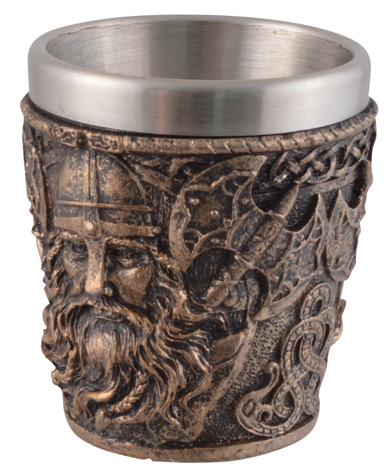 VOGLER Joh. Vogler GmbH Lot de 4 verres à shot en forme de tête de viking, avec insert en acier, en pierre artificielle, peint à la main, couleur bronze, volume : 50 ml