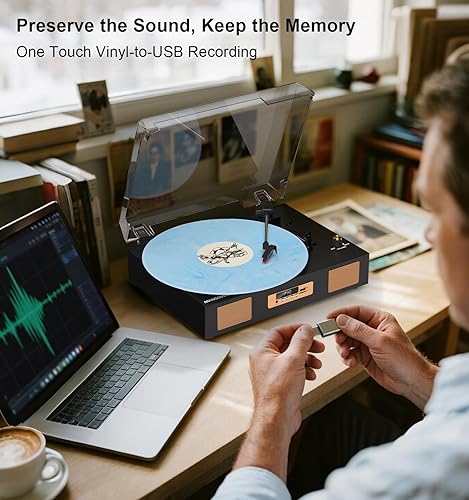 Miniatura 5 de Tocadiscos de vinilo vintage, tocadiscos de 3 velocidades con Bluetooth, grabación USBSD, altavoces estéreo integrados, salida RCA, pantalla