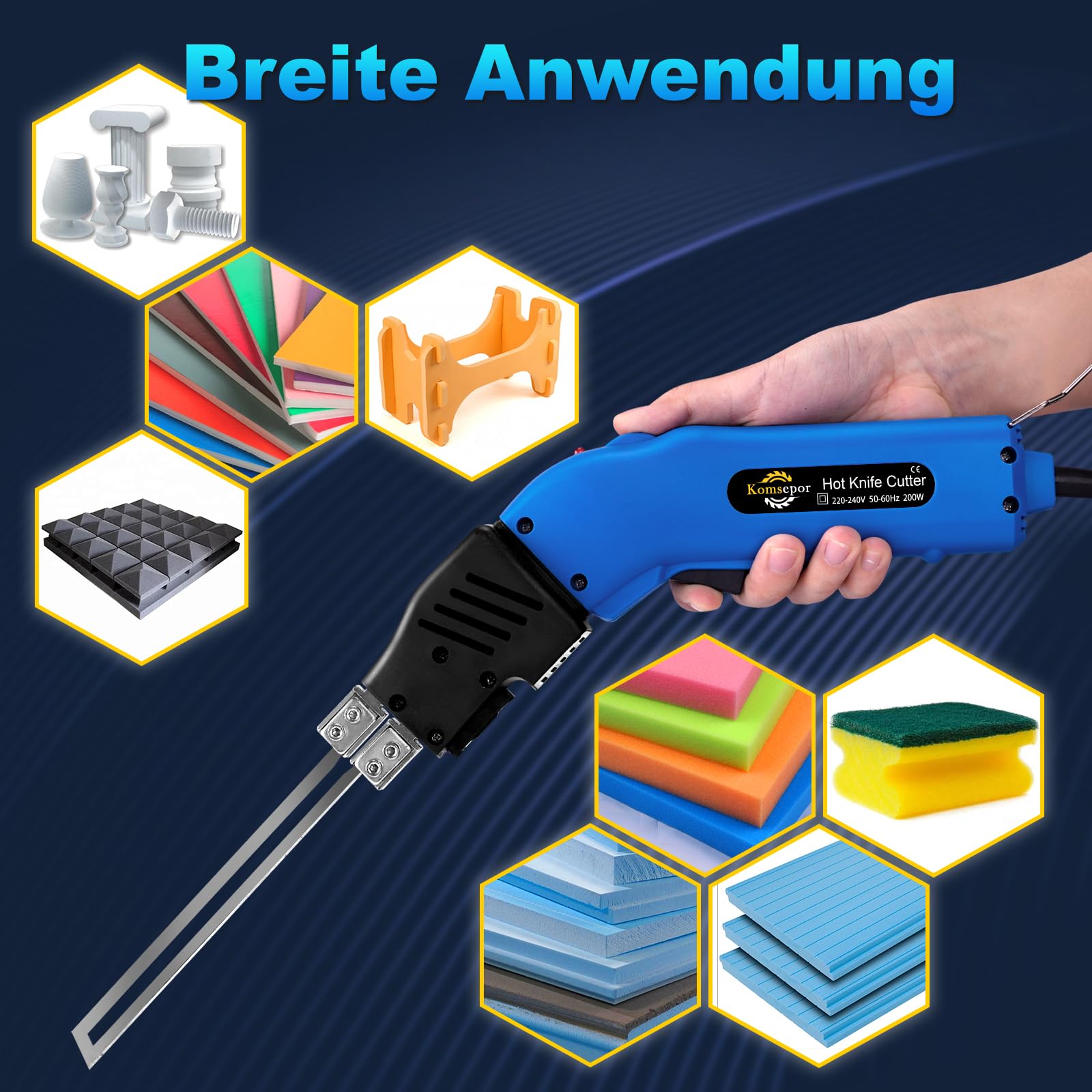 Komsepor 200W Elektrischer Schaumschneider | 0-600℃ Schnelles Aufheizen | 220-240V | 4 Klingen + 2 Messingbürsten | Für Leichtschaum/KT-Platten (Blau-luftgekühlt-200w)