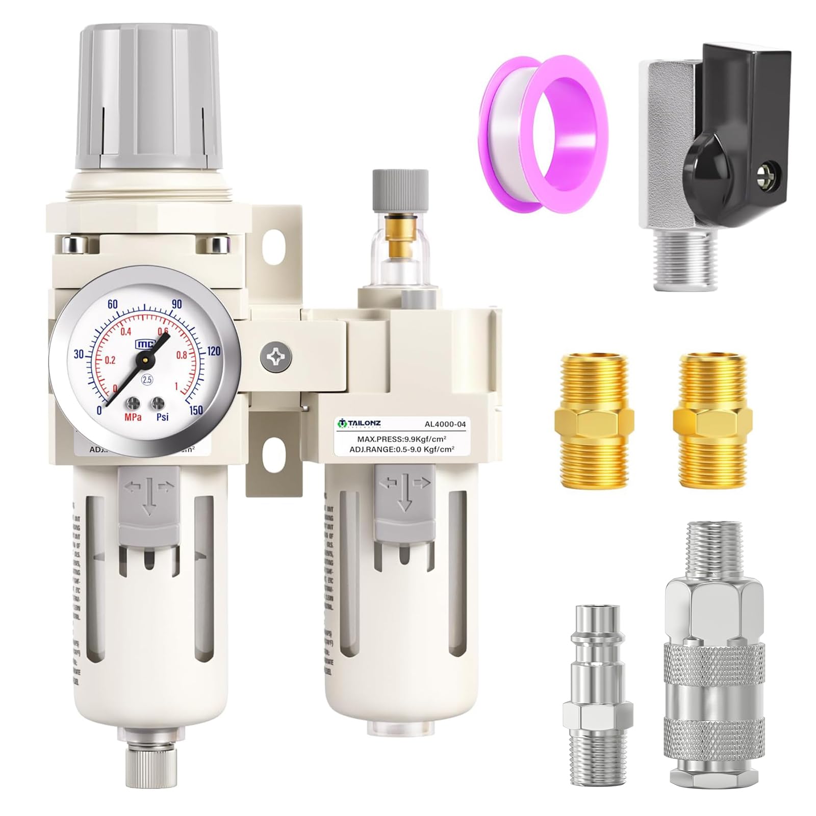 TAILONZ PNEUMATIC 1/2 pollici BSP aria filtro regolatore di pressione acqua/olio trappola separatore Combo (0-1MPA), aria strumento compressore filtro con calibro AC4010-04 (drenaggio manuale)
