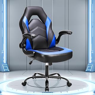 OLIXIS Blue Gaming Chair: Ergonomic PU Leather Lumbar Support, Flip-Up Armrests, Height Adjustable Swivel Wheels