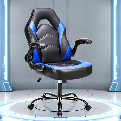 OLIXIS Computer Gaming Chair - PU Leather Ergonomic Lumbar Support with Flip-up Armrest and 360° Swivel Wheels, Height Adjustable Task Home Office Desk Video Racing, Black and Blue