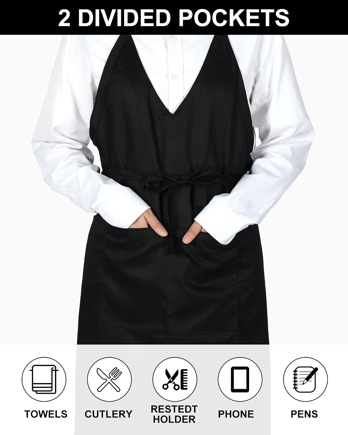 Liitrsh 5 Pcs Unisex V Neck Aprons 2 Pockets Adjustable Black Tuxedo Server Aprons with Long Waist Tie Formal Waiter Pinafore for Banquet Event Server Waiter Bistro Chef Restaurant
