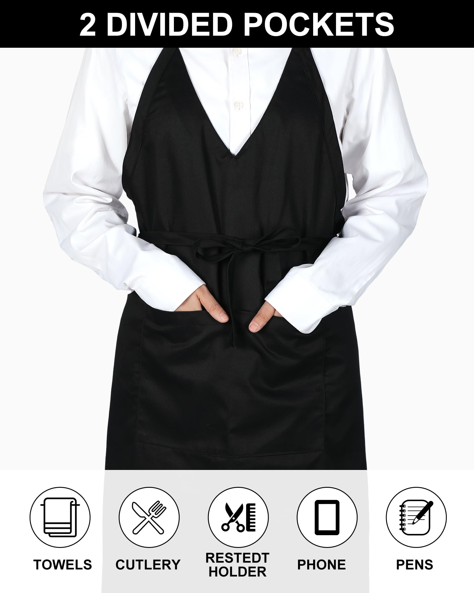 Liitrsh 5 grembiuli unisex con scollo a V, 2 tasche, regolabili, neri, con cravatta a vita lunga, grembiule formale per cameriere, per banchetti, eventi, camerieri, bistrot, chef, ristorante