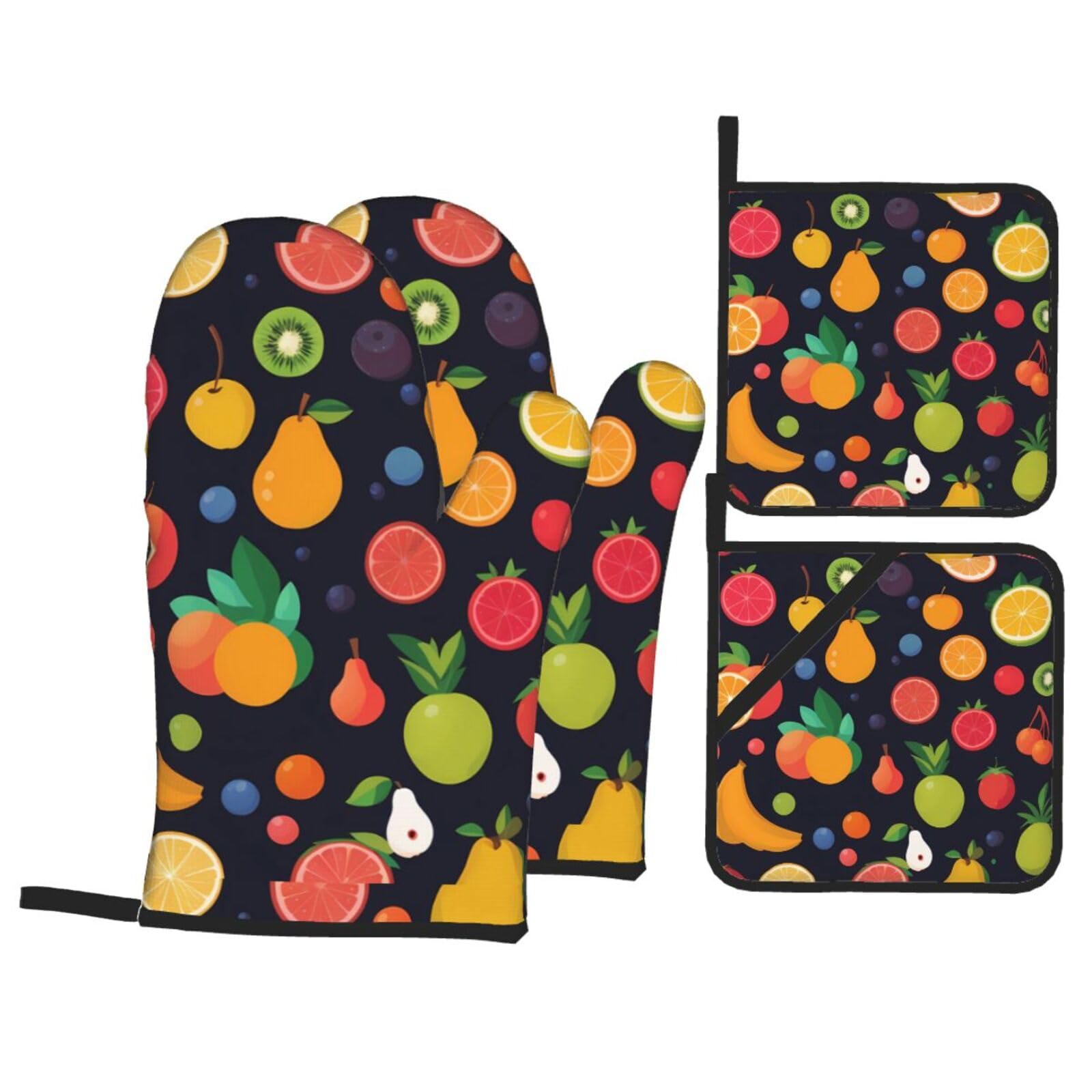 HJFCZH Fruit Collection Picture Kitchen Baking Set of 4 Thick Insulated Oven Mitt & Pot Holders, Anti-Scalding for Microwave, Oven, Outdoor BBQ