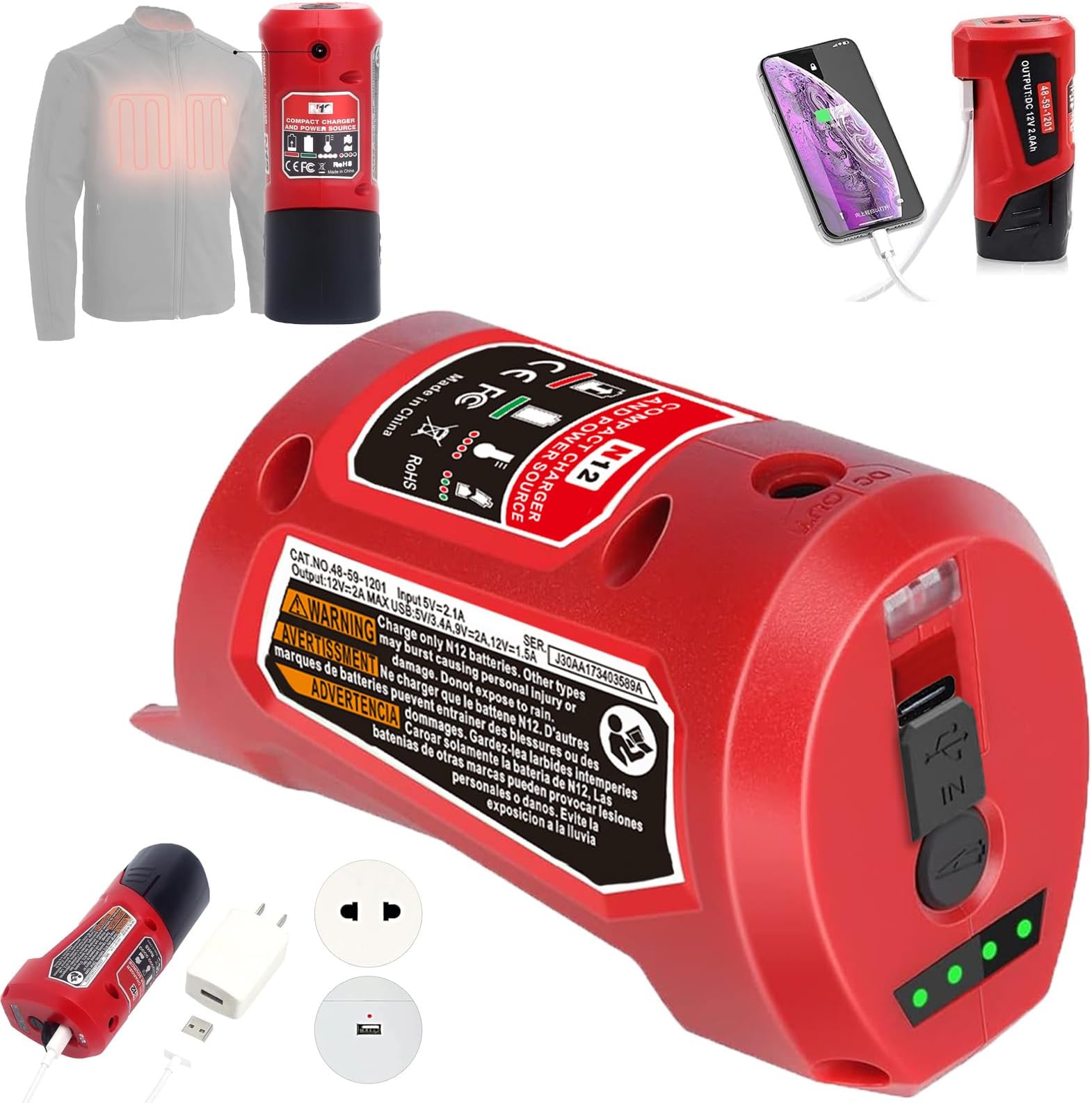 M-12 Battery Charger with Type-c Port & DC 12V Outlet，Power Source Replacement for Milwaukee m-12 12V Battery Adapter for Milwaukee Heated Jacket 49-24-2310 Compatible with 48-11-2420 48-11-2411
