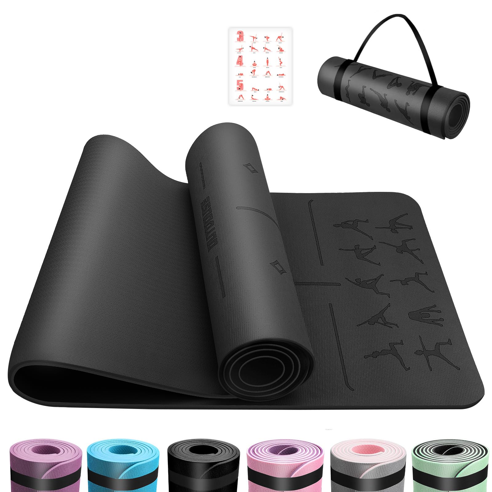 OUTDOUSE Yoga Mat with Alignment Lines,TPE 6mm Sports Exercise Mat,Non-Slip,for Gymnastics,Pilates,Home, Travel,Gymnastics Mat with Storage Straps,Yoga Mats for Women and Men,183x61x0.6cm