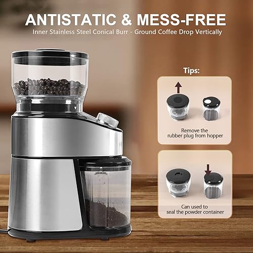 Miniatura 7 de Homtone Molinillo de café eléctrico, rebabas cónicas, molinillo de café ajustable de acero inoxidable con 14 ajustes de molienda precisa, molinillo