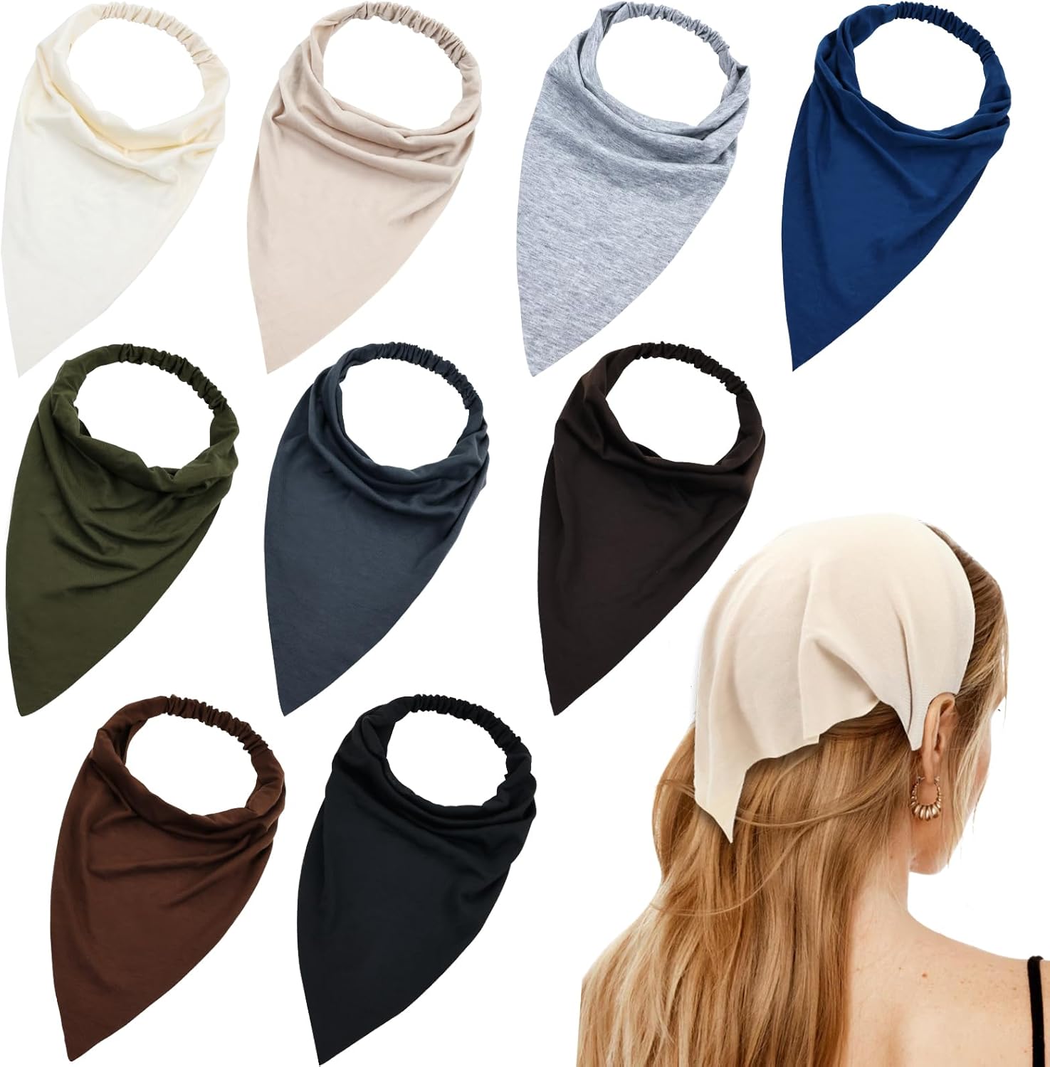 Lawie 9 Pack Solid Large Cotton Triangle Head Scarf Elastic Hair Bandana Headbands Plain Silk
