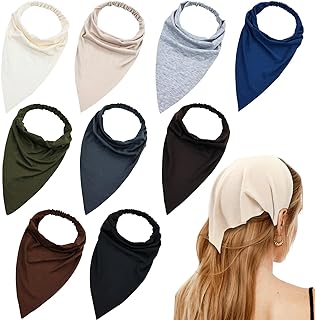 9 Pack Solid Large Cotton Triangle Head Scarf Elastic Hair Bandana Headbands Plain Silk Head Coverings Neck Scarves Wraps Blank Headscarf Kerchief Bulk for Women