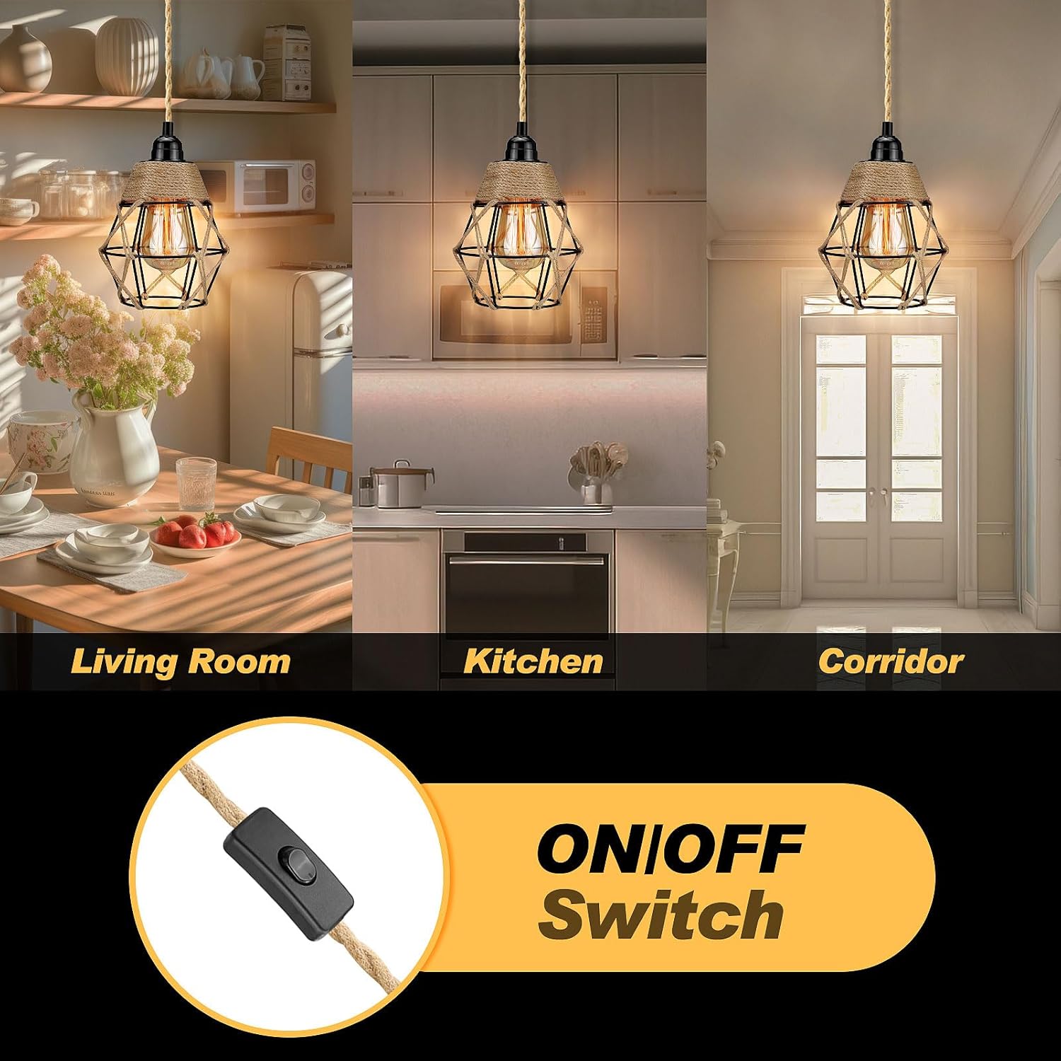 Plug in Pendant Light, Industrial Hanging Light with Plug in Cord, Hemp Rope On/Off Switch Farmhouse Pendant Light, Hanging Lamps for Dining Room